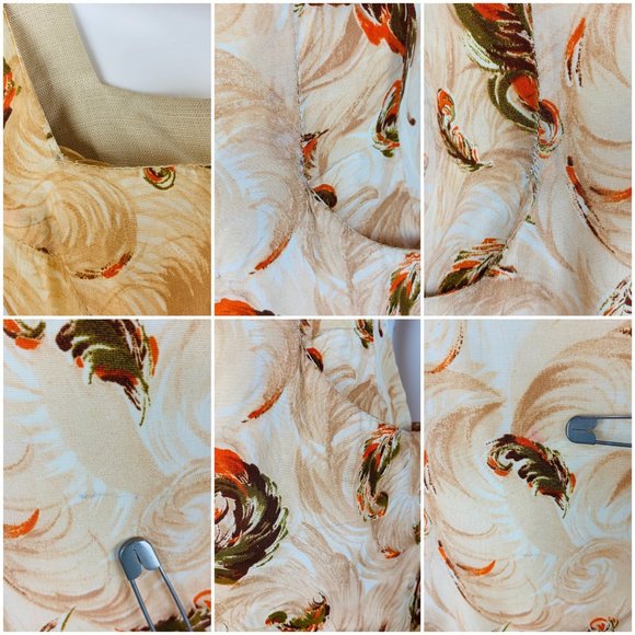 Vintage 1950s Novelty Print Dress Brown Feathers V Neck Wiggle Pin Up | W 25" - Picture 10 of 14